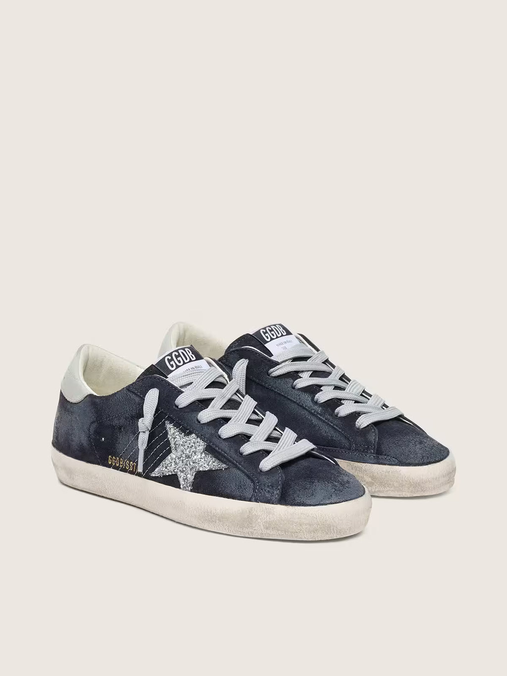 Super-Star femme en daim bleu étoile pailletée argentée et contrefort en cuir