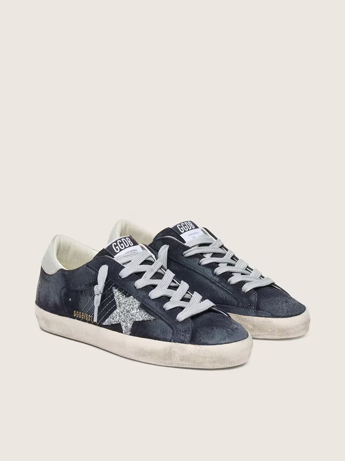Super-Star femme en daim bleu étoile pailletée argentée et contrefort en cuir