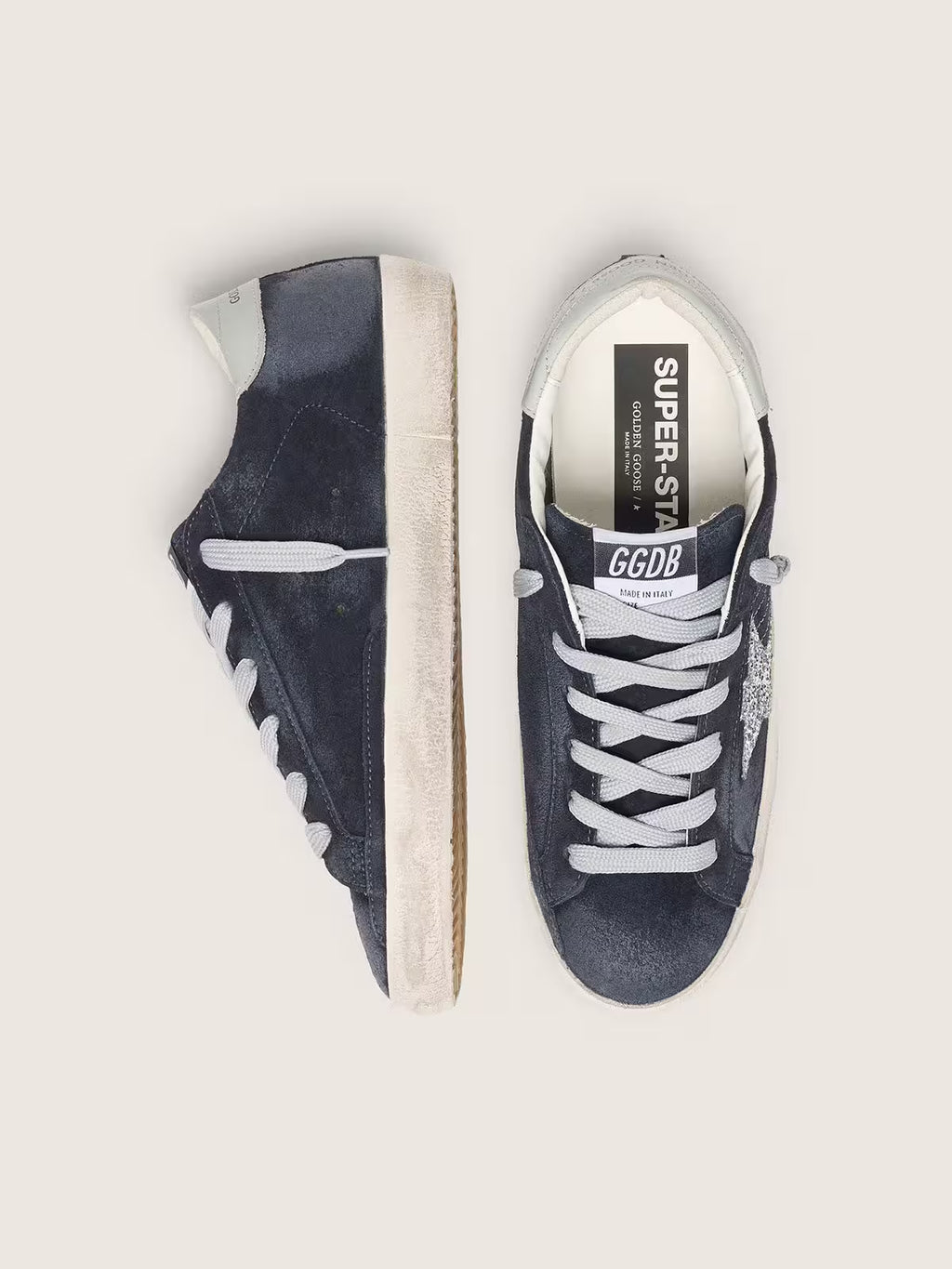 Super-Star femme en daim bleu étoile pailletée argentée et contrefort en cuir