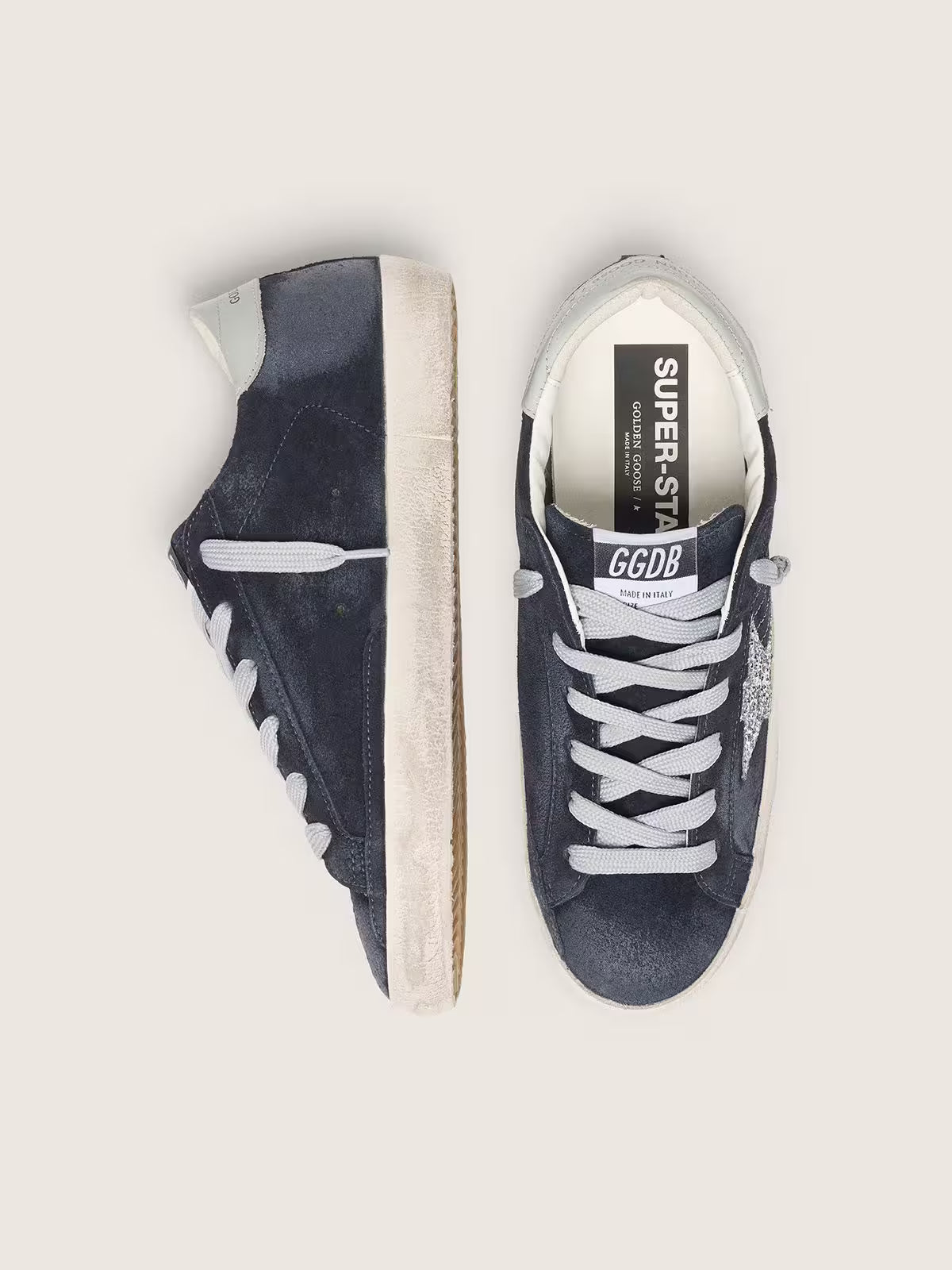Super-Star femme en daim bleu étoile pailletée argentée et contrefort en cuir