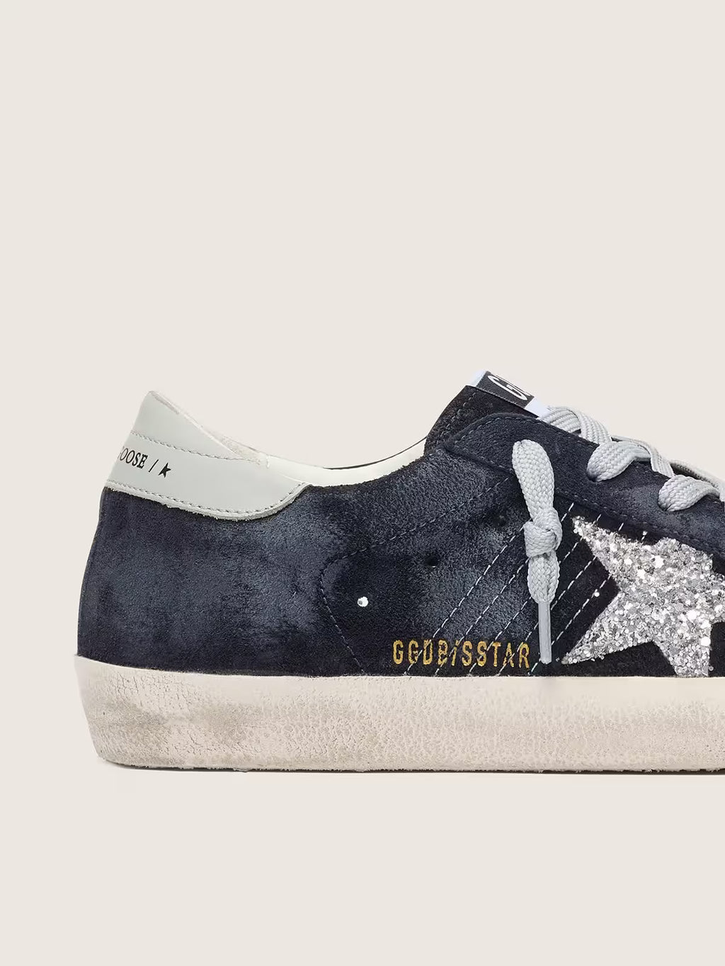 Super-Star femme en daim bleu étoile pailletée argentée et contrefort en cuir