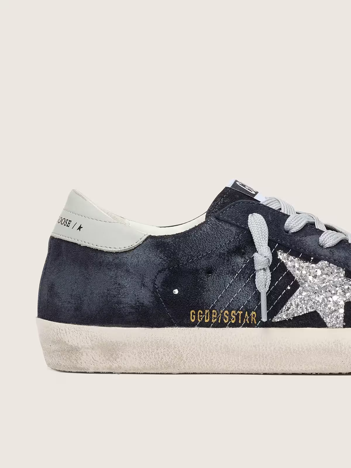 Super-Star femme en daim bleu étoile pailletée argentée et contrefort en cuir