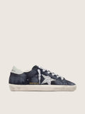 Super-Star femme en daim bleu étoile pailletée argentée et contrefort en cuir