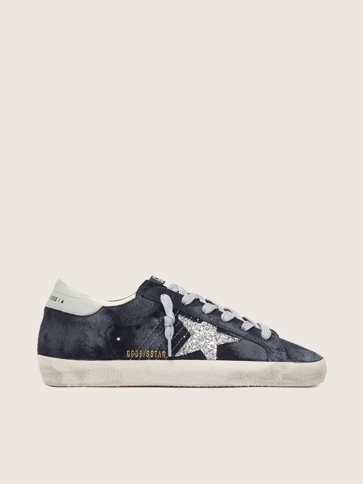 Super-Star femme en daim bleu étoile pailletée argentée et contrefort en cuir