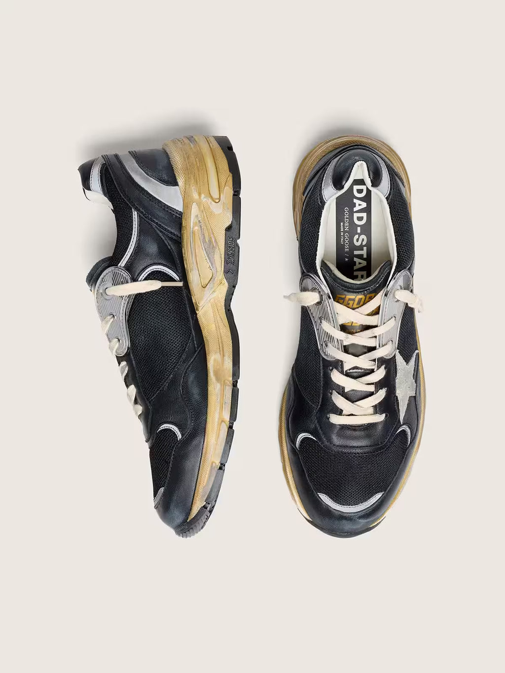 Dad-Star femme en résille et cuir nappa noir et argent avec étoile grise