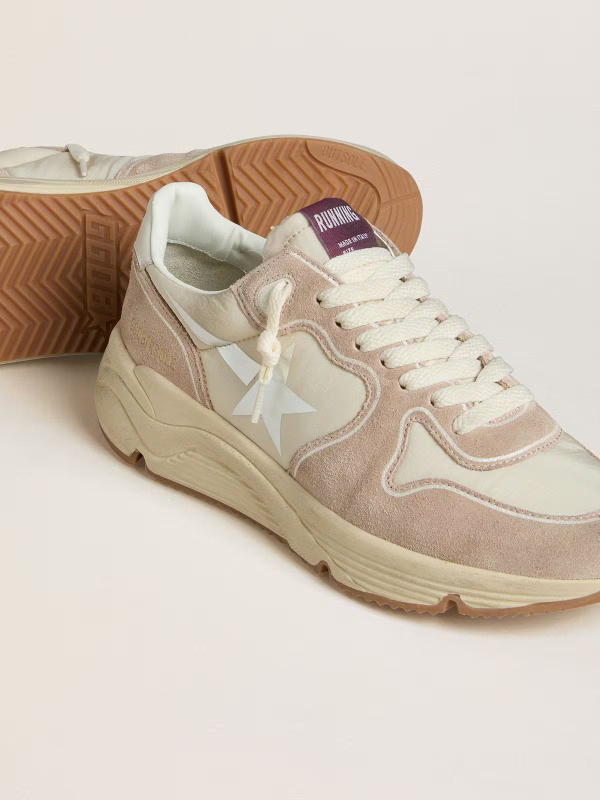 Running Sole pour femme en nylon et cuir velours avec étoile imprimée argentée et contrefort en cuir